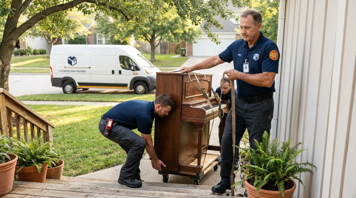 Licensed piano movers securing grand piano in Venice, FL