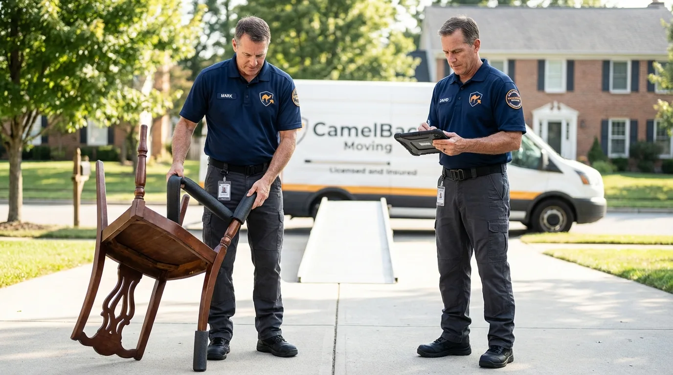 Movers inspecting furniture for damage prevention before loading in Venice, FL